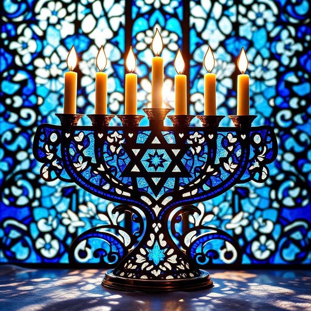 A vibrant blue and gold menorah, lit with white candles, set against a stained glass window backdrop. This image captures the warm glow of the Hanukkah candles in a traditional setting.