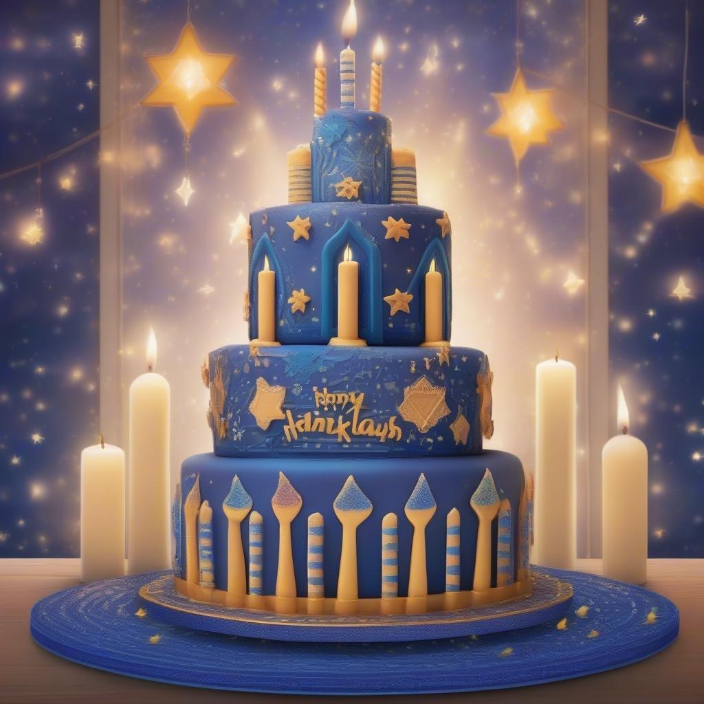 A festive, vibrant blue cake that commemorates the eight days of Hanukkah. The traditional menorah candles shine brightly against the backdrop of stars and a glowing night sky, making this the perfect centerpiece for your holiday celebration.