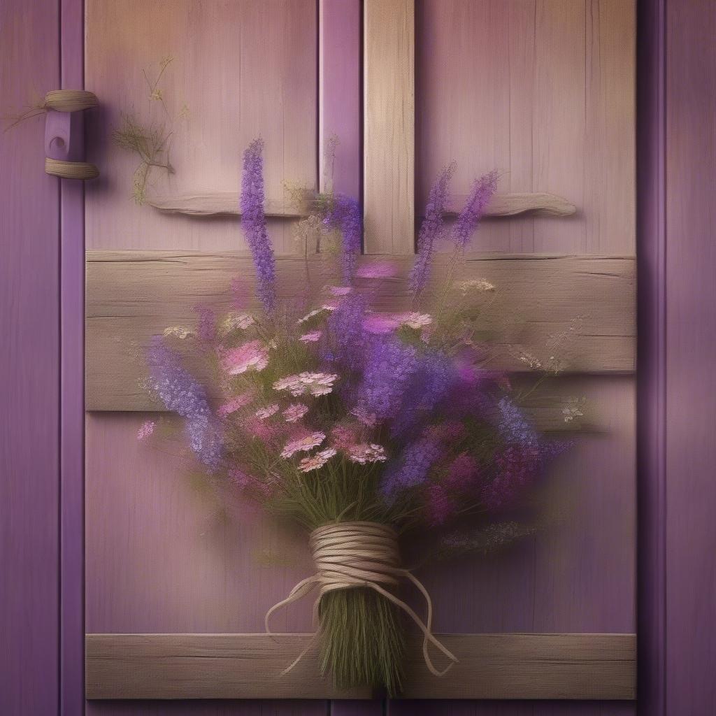 This picturesque scene captures the sweetness of a bouquet of pink flowers peeking out from behind a purple wooden door. The vibrant colors evoke a sense of warmth and tranquility, perfect for setting as your wallpaper.