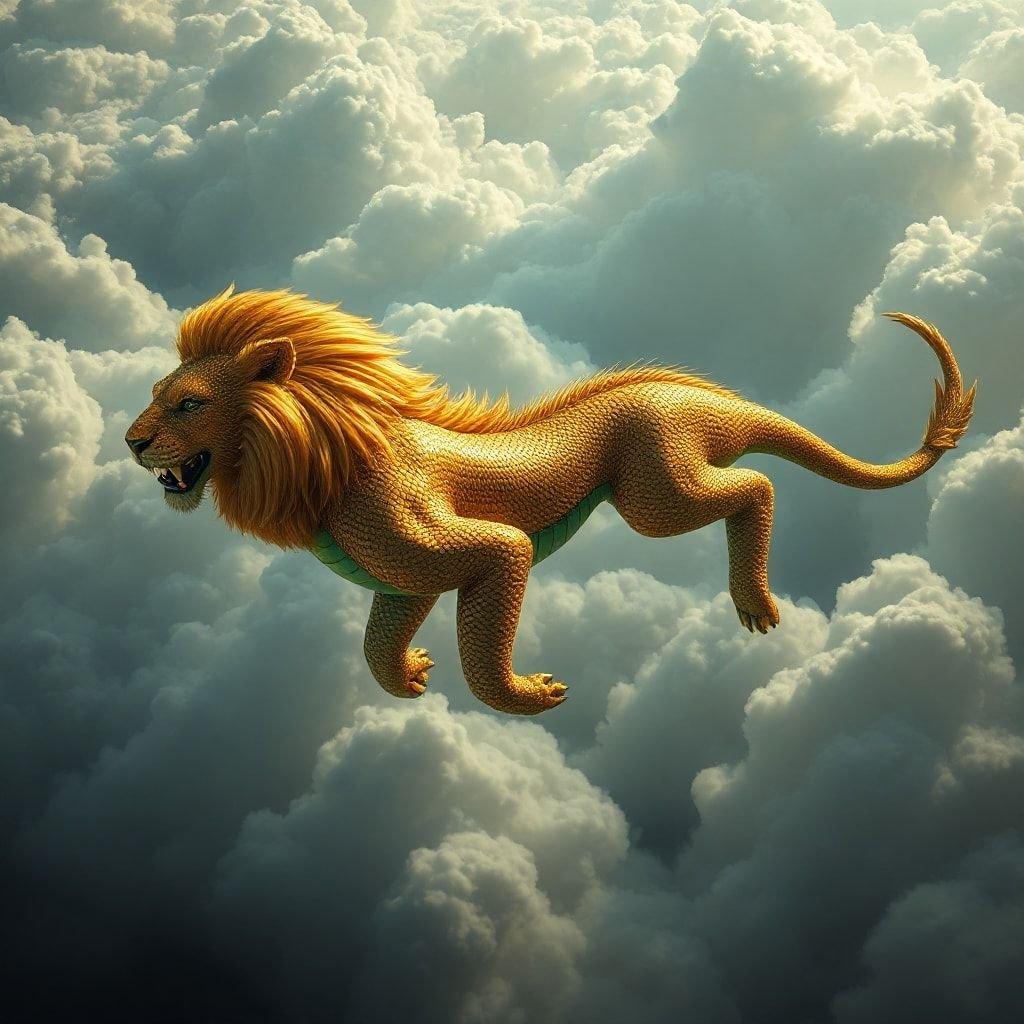 Experience the majesty of this mythical creature soaring through an ethereal cloudy sky.