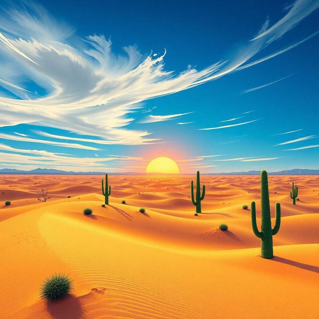 An idyllic desert scene at sunset with tall cacti reaching towards the sky.