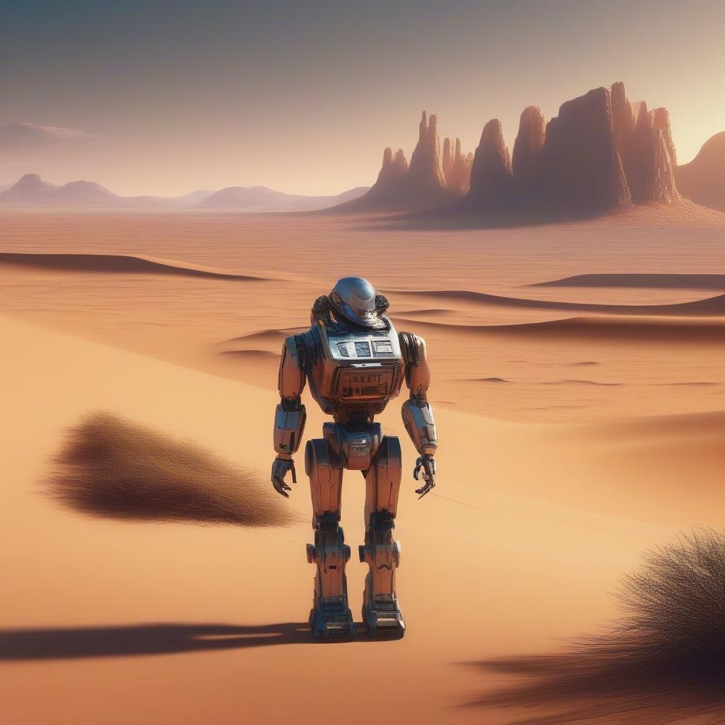 In the vast expanse of a desert, a robot stands alone. It gazes at the distant mountains, perhaps contemplating its journey through this arid landscape.