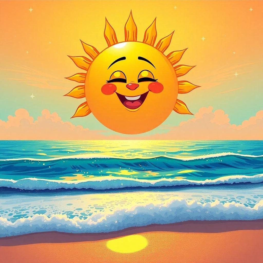 Casual cartoon sun shining over the ocean. Bright and cheerful wallpaper for desktop and mobile.