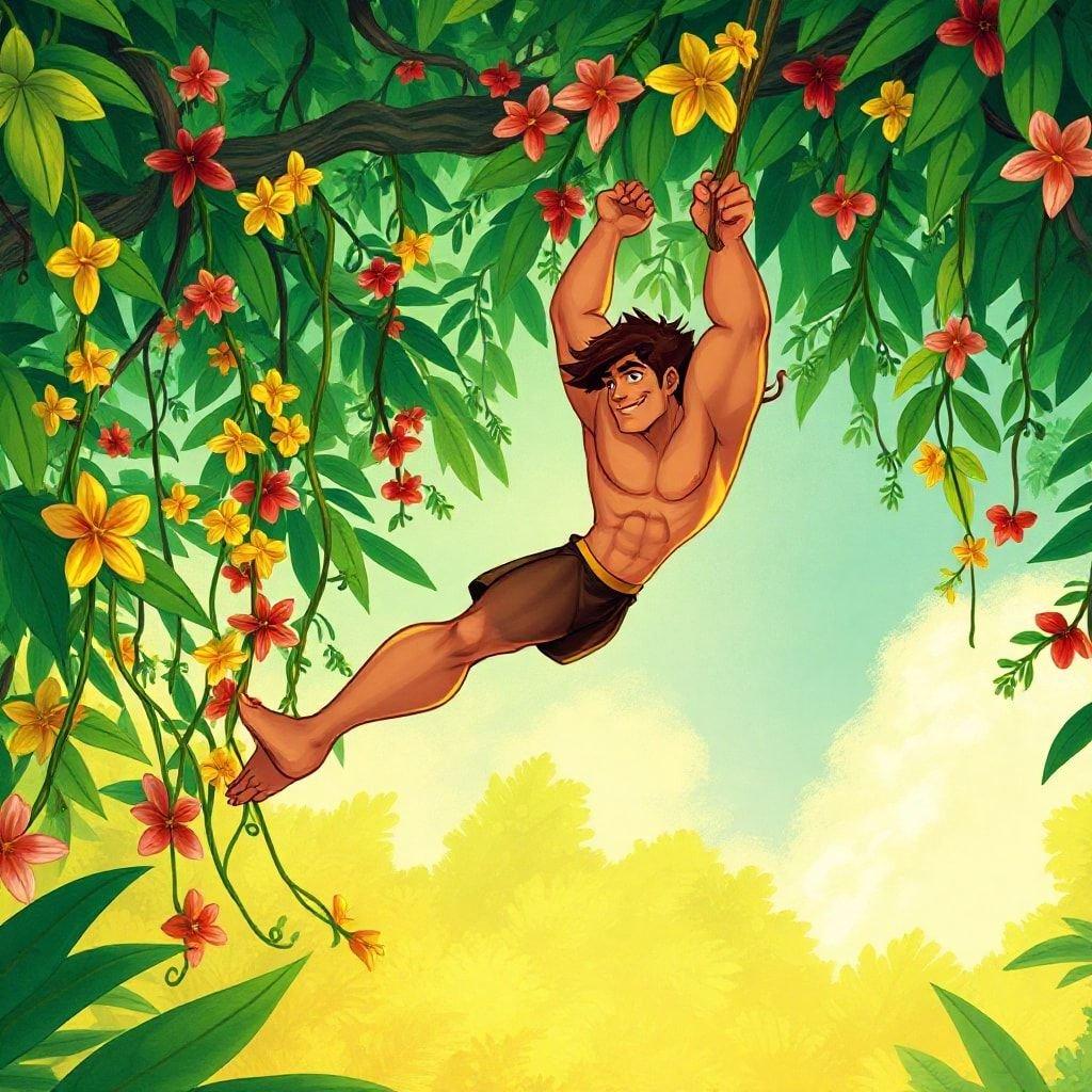 This wallpaper features Tarzan, a beloved Disney character, swinging through the jungle with a big smile on his face. The image showcases his iconic brown loincloth and his muscular physique as he swings from vines amidst the lush greenery and colorful flowers of the jungle.