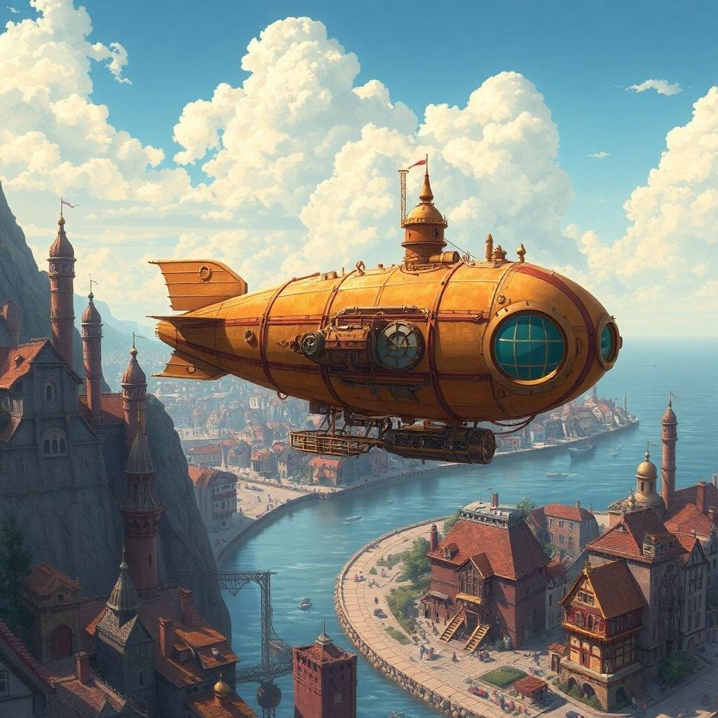 Fördjupa dig i den förtrollande världen av anime med denna fängslande bakgrund, som visar ett steampunk-inspirerat luftskepp som svävar över en charmig kuststad.