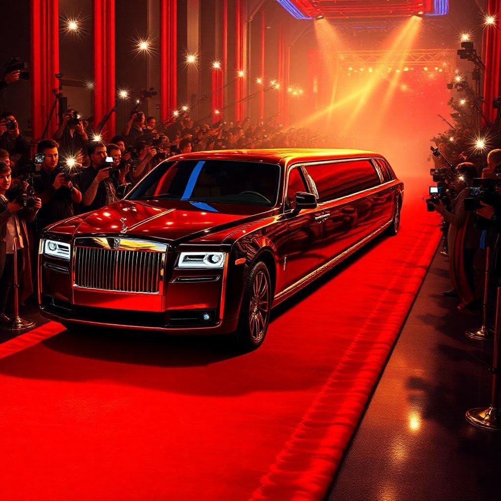 This stunning wallpaper features a sleek Rolls-Royce Phantom limousine making its grand entrance on the red carpet, exuding opulence and sophistication.