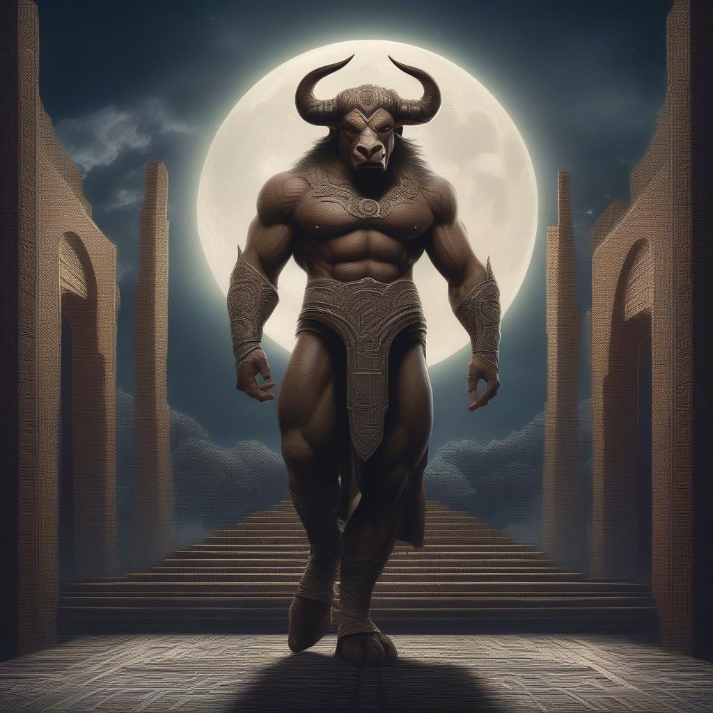 Standing at the gates of an ancient realm, this majestic minotaur guards with vigilance. Armed with both horns and sword, he is a formidable sight to behold.