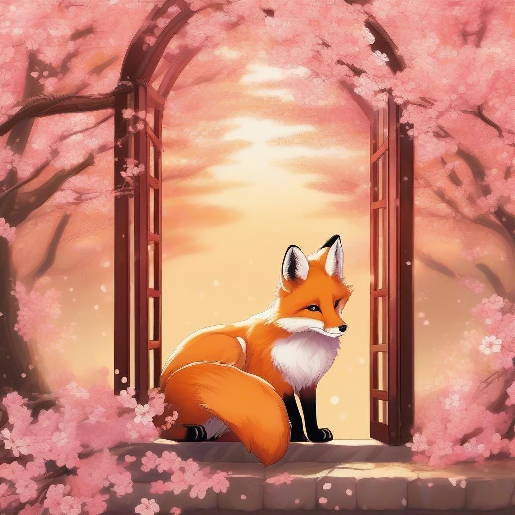 Denna förtrollande anime-illustration visar en räv med livfull päls i rosa och vitt som kikar fram bakom ett slöja av körsbärsblommor, mot en varm gul och orange bakgrund med en suddig bakgrund, vilket skapar en fängslande och drömlik atmosfär.