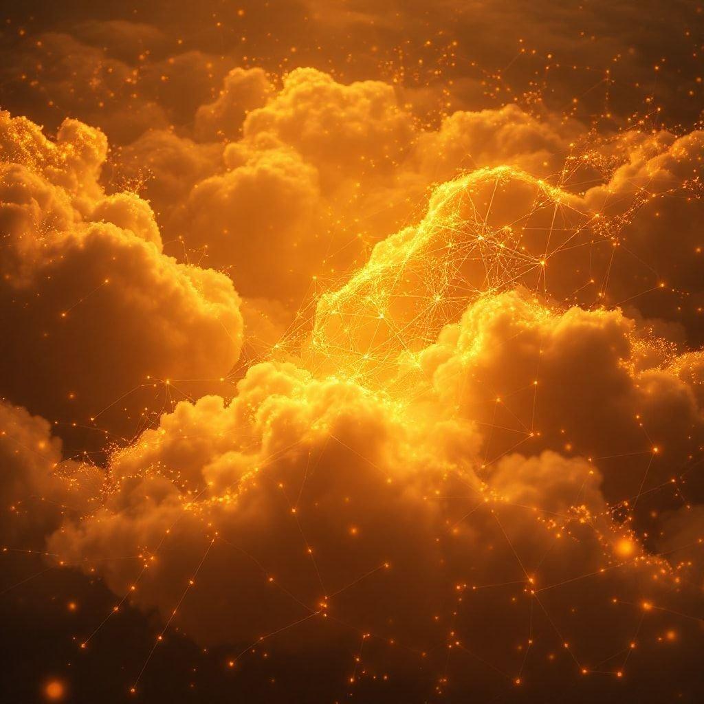 A vibrant digital cloudscape bathed in sunlight, with particles suggesting a magical energy glowing in the heart.