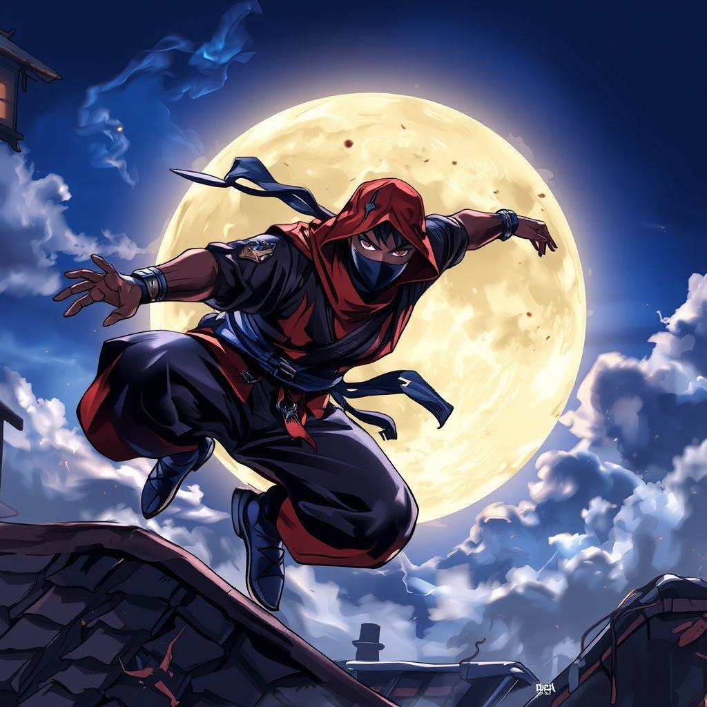 This image is a stunning anime illustration of a ninja warrior leaping across rooftops under a full moon. The warrior's black outfit with a red hat, blue jeans, and a black hat creates a striking contrast against the deep blue sky and the moon's light illuminating the clouds above.