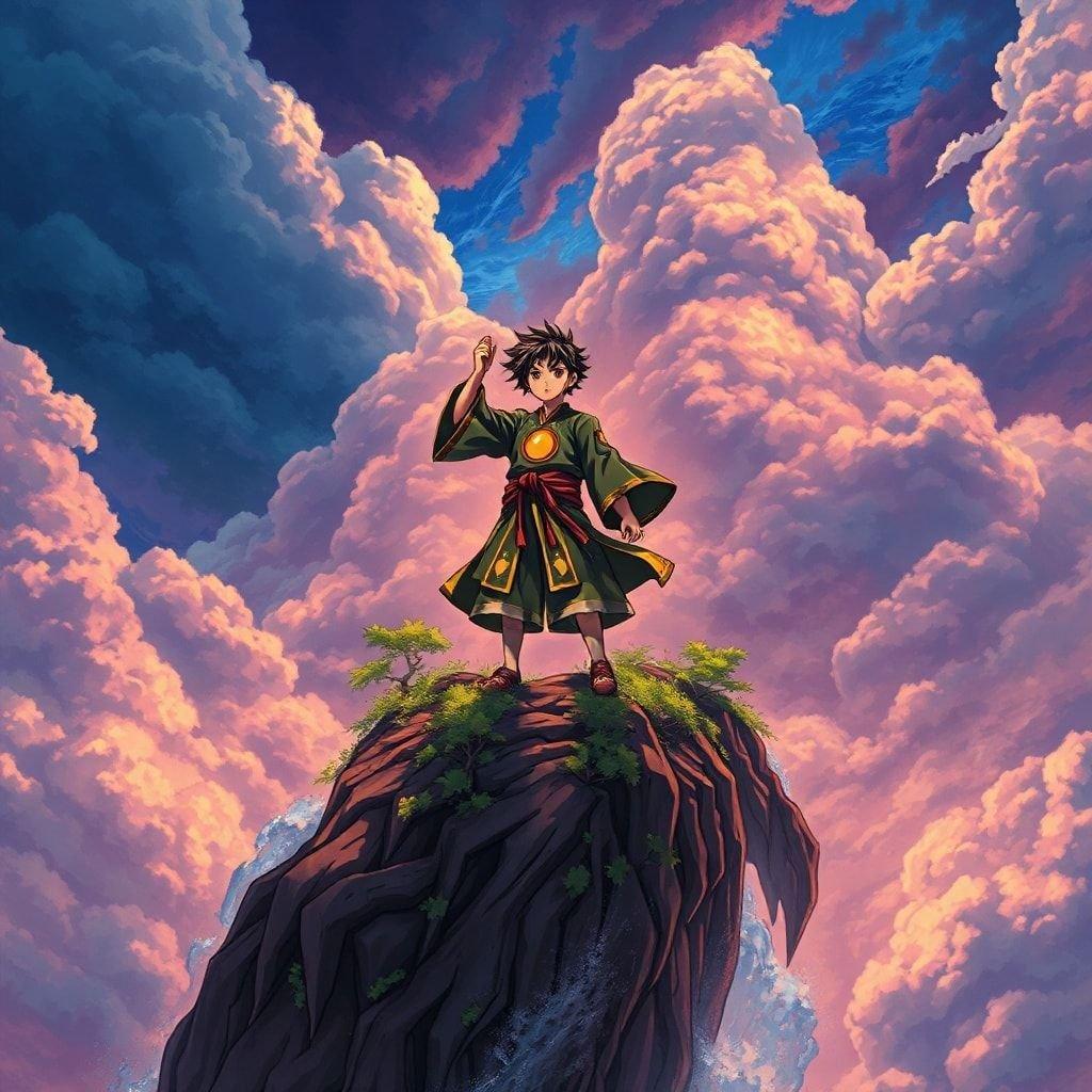 Immerse yourself in the captivating world of anime with this stunning wallpaper featuring a young samurai standing on the edge of an island. The detailed illustration showcases the samurai's body, a blend of green and brown with a yellow center, set against a backdrop of swirling clouds of blue and purple. The island is surrounded by a large floating island, creating a sense of depth and wonder. The scene is bathed in warm colors, evoking a sense of motion and energy. This wallpaper is perfect for fans of anime and those who appreciate the beauty of Japanese culture.