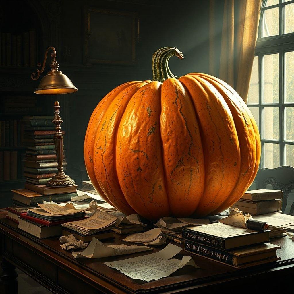 A festive Thanksgiving scene with a large pumpkin and books in the background, evoking a warm, rustic ambiance.