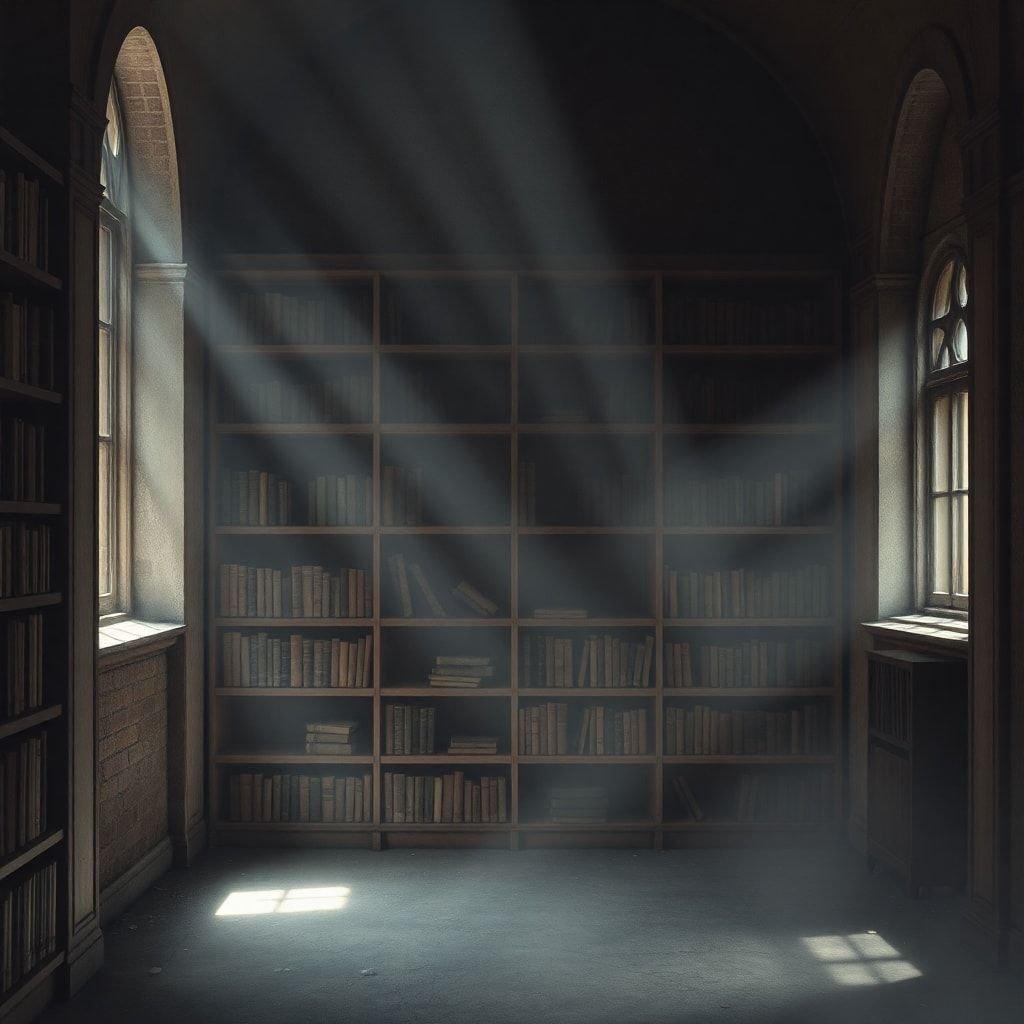 An abstract depiction of an empty library filled with rays of sunlight streaming through the windows, casting shadows on the books and creating a serene atmosphere.