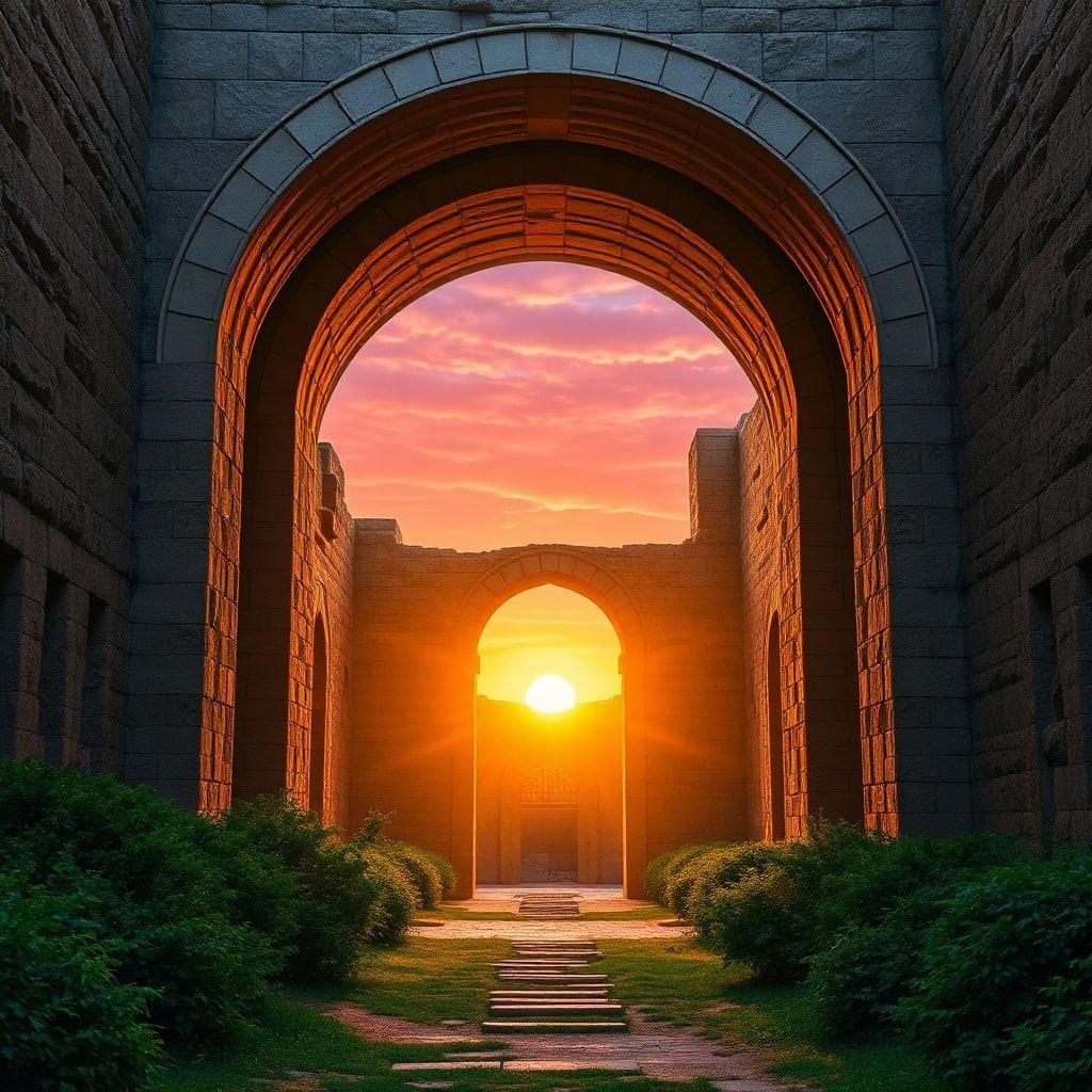 A breathtaking view through a stone archway, where the sun rises to paint the sky with its warm hues.