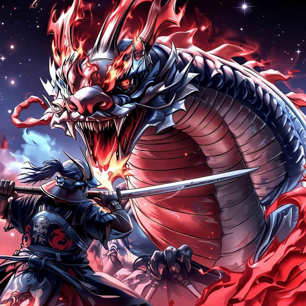 This anime wallpaper showcases a dramatic battle between a samurai warrior and a majestic dragon, set against a stunning starry night sky. The intricate patterns on the dragon's body and the samurai's fierce determination create a captivating scene.