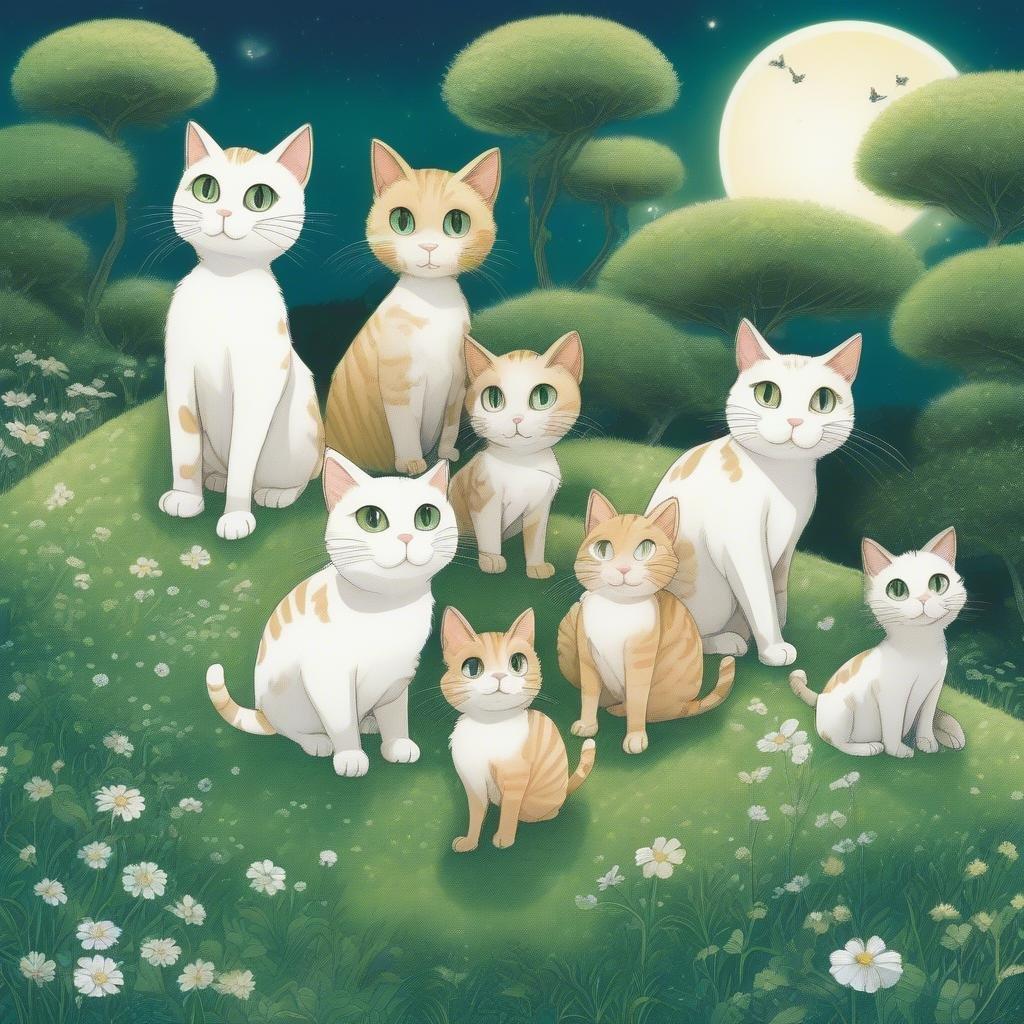 Denna bakgrundsbild visar en grupp söta anime-stil katter som står på en lummig grön kulle på natten, med en djupblå himmel som ger mystik och en känsla av rörelse. Den centrala katten, med en lekfull svans, är den största, medan två mindre katter står på varsin sida och ger en lekfull touch till scenen.