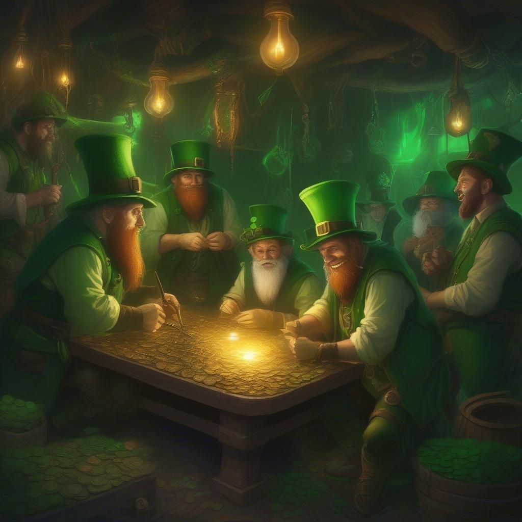 Get into the festive spirit with this St. Patrick's Day wallpaper featuring a group of leprechauns gathered around a table, surrounded by gold coins and treasure. The image is perfect for anyone looking to add a touch of Irish luck and charm to their desktop or mobile device.