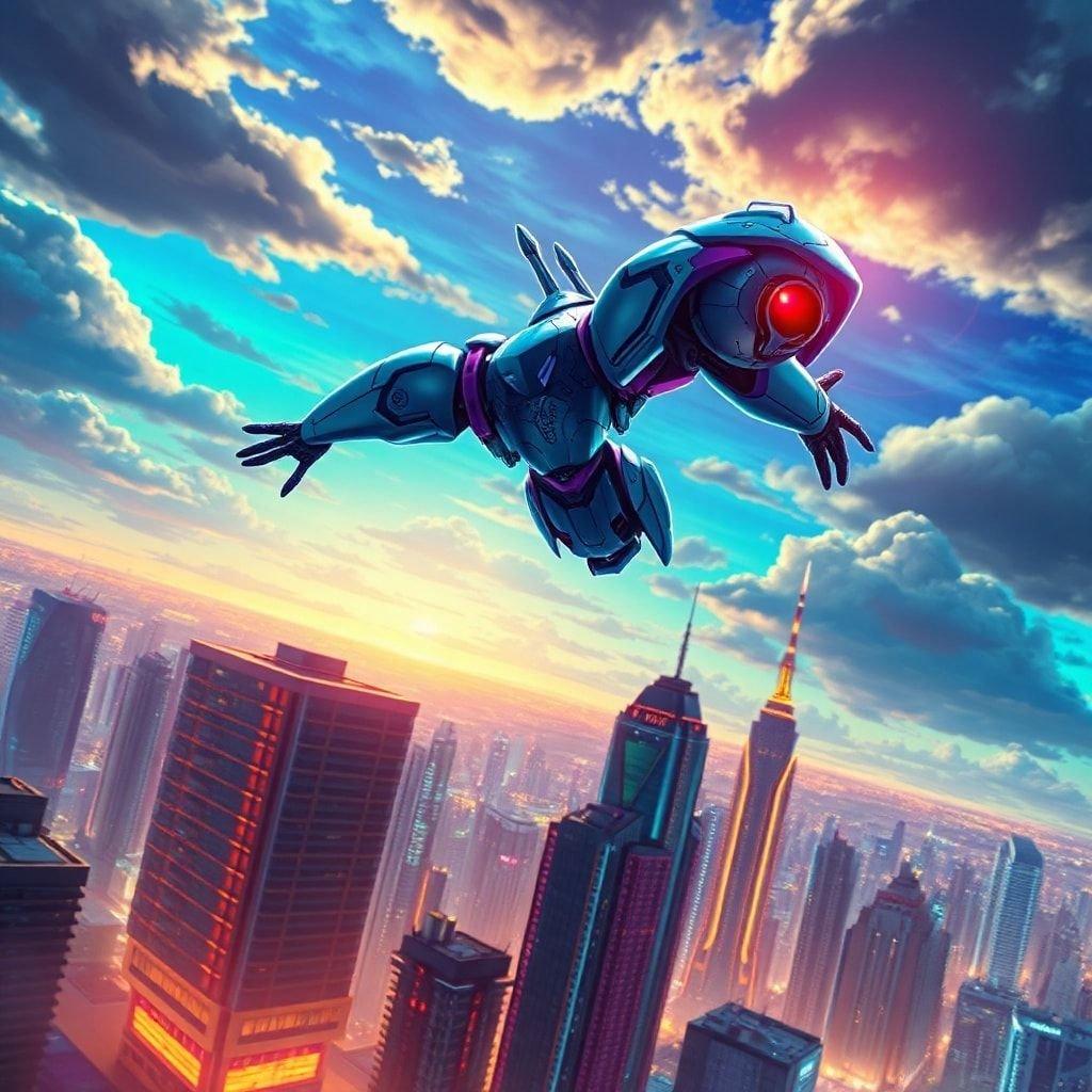 Immerse yourself in the vibrant world of anime with this stunning wallpaper featuring a futuristic robot in flight. The city below is bathed in neon lights, while the setting sun casts a warm glow, creating a captivating scene that combines technology and fantasy.