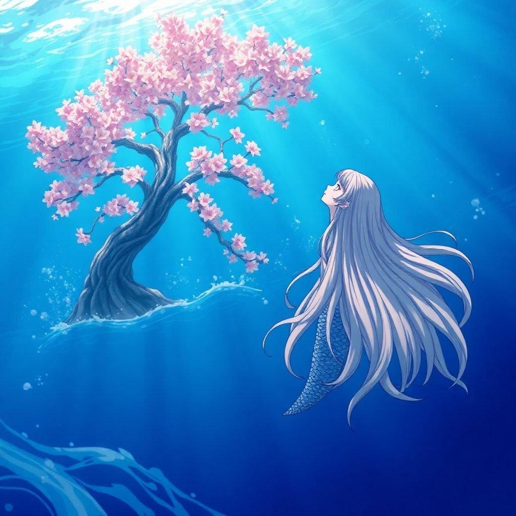 In this tranquil underwater scene, a mermaid-like creature with cascading hair gazes up at a blooming sakura tree. The deep blue ocean surrounds the central figure, creating an atmosphere of serenity and beauty. The intricate patterns of the water's surface and the vibrant pink blossoms of the cherry tree add a touch of whimsy to this detailed anime illustration.