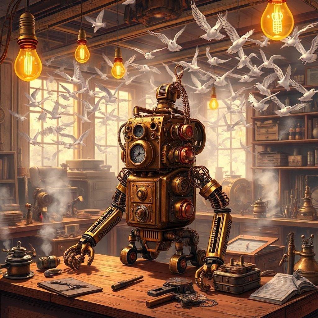 Mekanik harikalarla dolu hareketli bir steampunk laboratuvarı. Bir robot makine sahnenin kalbinde duruyor, dişliler ve aletlerle çevrili. Arka plan, mucidin yoğun programını ima eden endüstriyel makinelerin bulanıklığıdır.