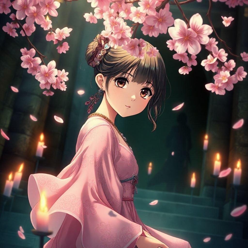 A captivating anime illustration of a young girl surrounded by floating candles and cherry blossoms, exuding an anime-like charm with her direct gaze and vibrant pink dress.