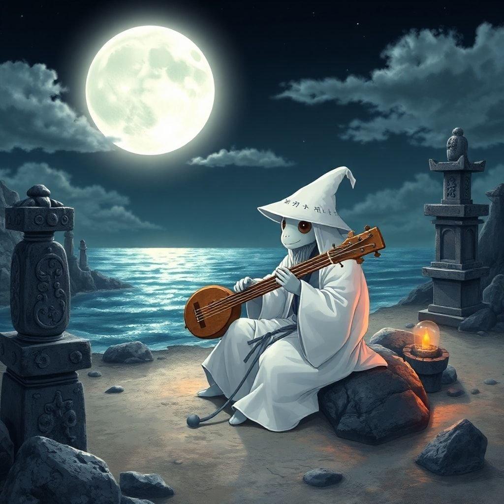 Este cautivador fondo de pantalla de anime presenta una escena serena y mística de un Kappa tocando un shamisen en una playa iluminada por la luna. El Kappa antropomórfico, vestido con una túnica blanca y un sombrero, está rodeado por los suaves sonidos del océano y las antiguas estatuas y estructuras de piedra que añaden a la atmósfera pacífica. La imagen es una perfecta combinación de fantasía y naturaleza, lo que la convierte en una excelente opción para cualquiera que busque añadir un toque de magia anime a su fondo de escritorio o móvil.