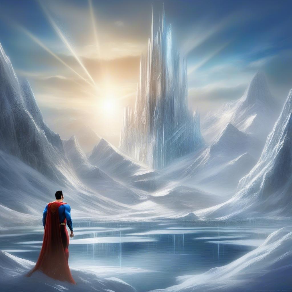 Exploring the cosmic realms, Superman stands at the threshold of an extraterrestrial landscape under a dramatic galactic sky.