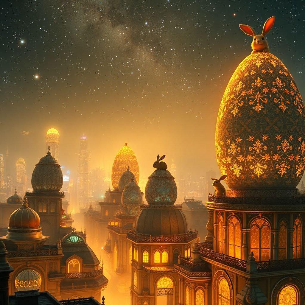 This image is a wallpaper for desktop and mobile use, and it's under the category of 'Easter'. The image depicts a city with Easter bunnies in a futuristic setting.