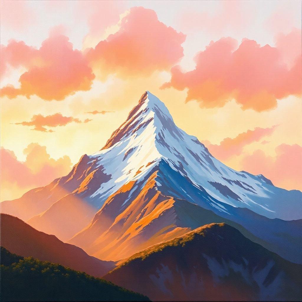 A stunning sunrise illuminates the peak of a mountain, with the sky transitioning from warm oranges to soft pinks and blues. The scene captures the serene beauty of nature as it awakens for a new day.