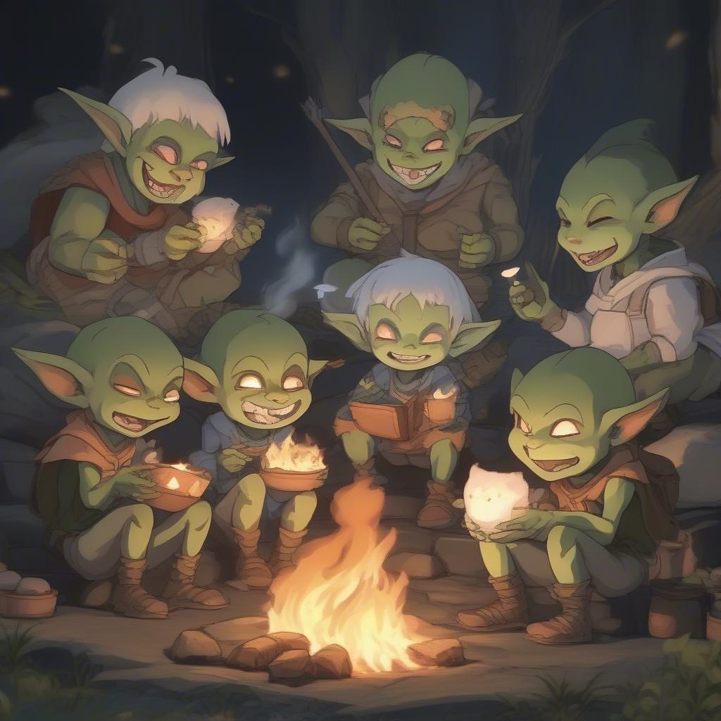 A warm scene with animated characters sharing food and laughter around a campfire.