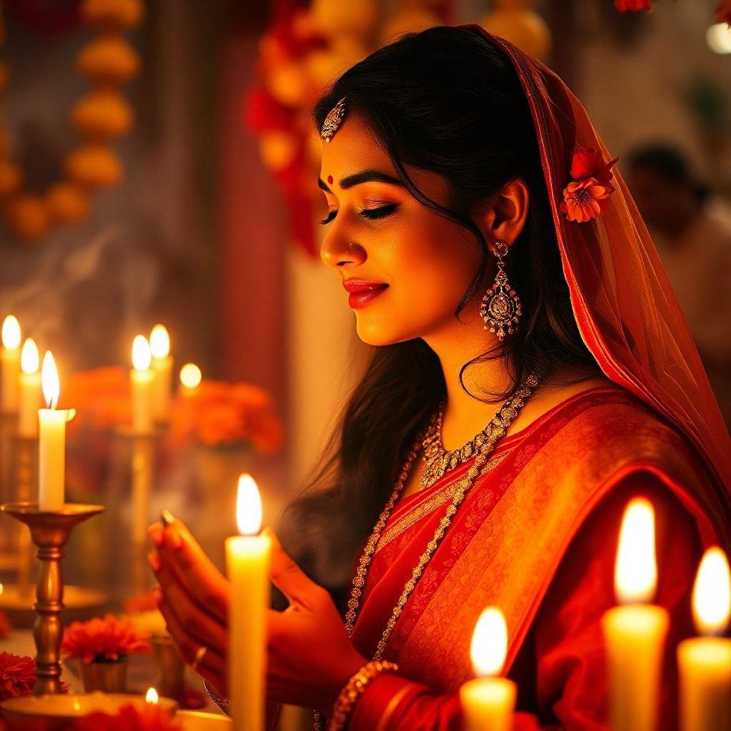 Indian actress Deepika Padukone in traditional attire, participating in a religious ceremony for the Hindu festival of lights.