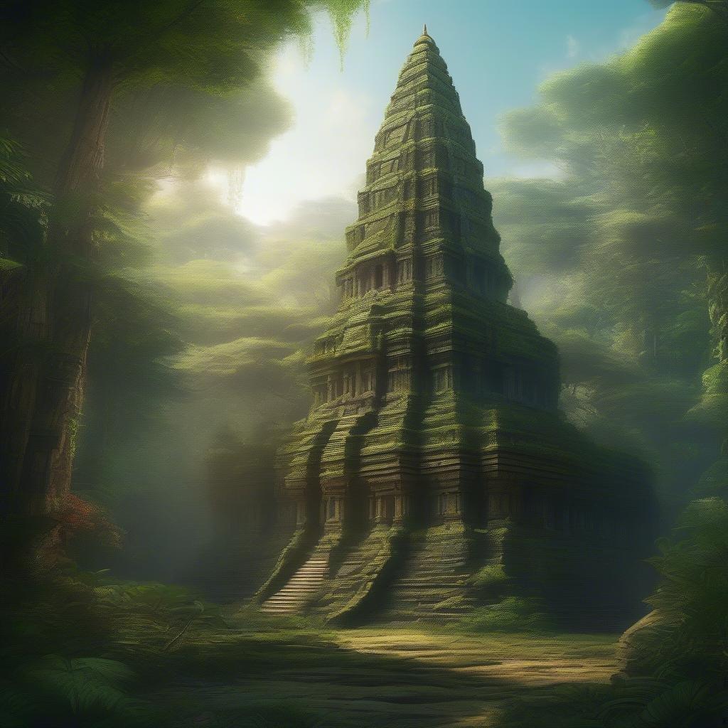 A grand temple rising from a mystical forest, its verdant surroundings enshrouded by fog. This ancient architectural marvel is an ode to the spiritual heritage of the land it calls home.