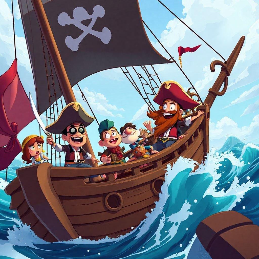 Join our animated crew on a whimsical pirate adventure! Laugh with Captain Hook, Chef Tony, First Mate Pete, and their young friends as they sail through treacherous waters to find hidden riches. Will they succeed in this family-friendly quest? Find out!