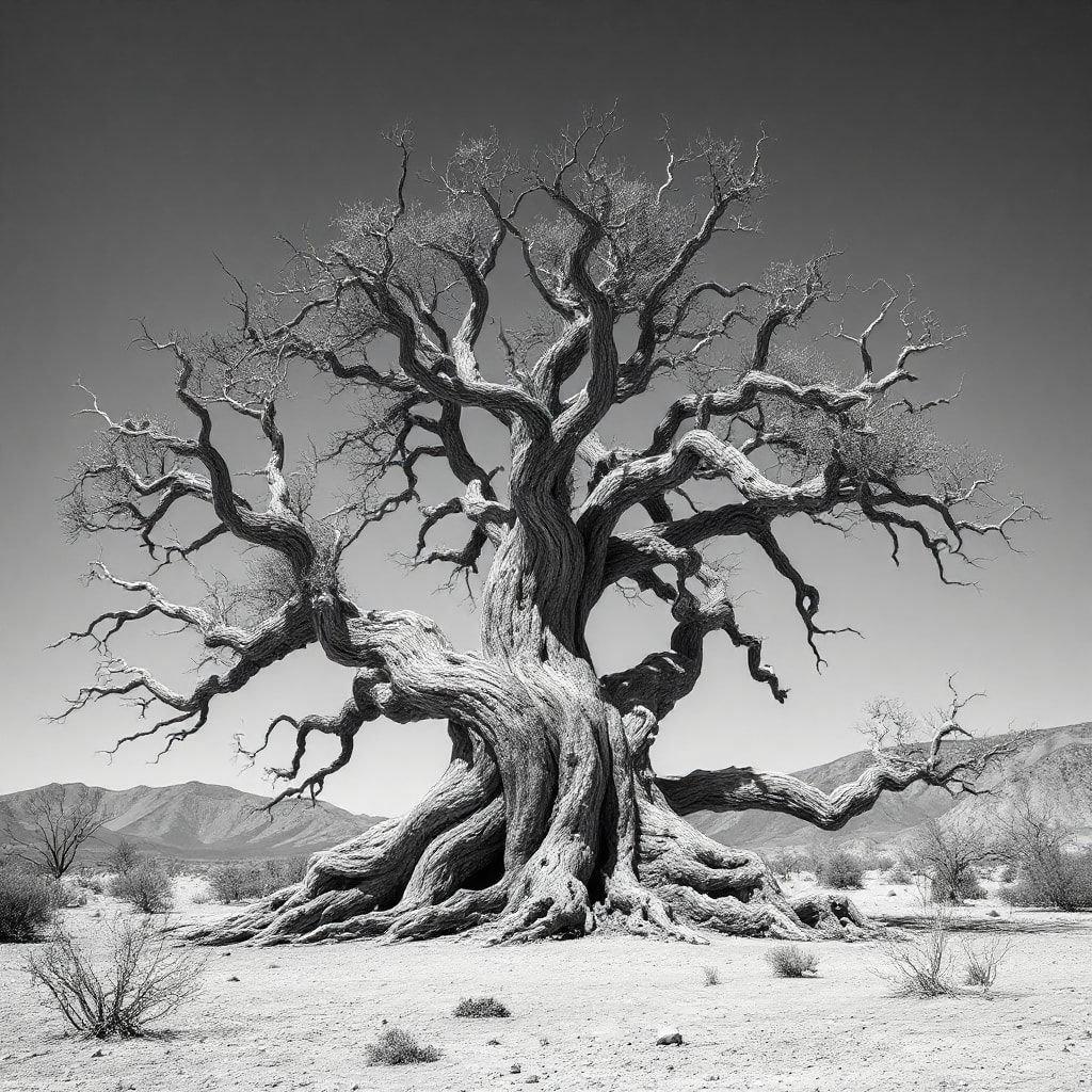 Uma árvore icônica do deserto, desgastada, mas firme em meio às duras condições.