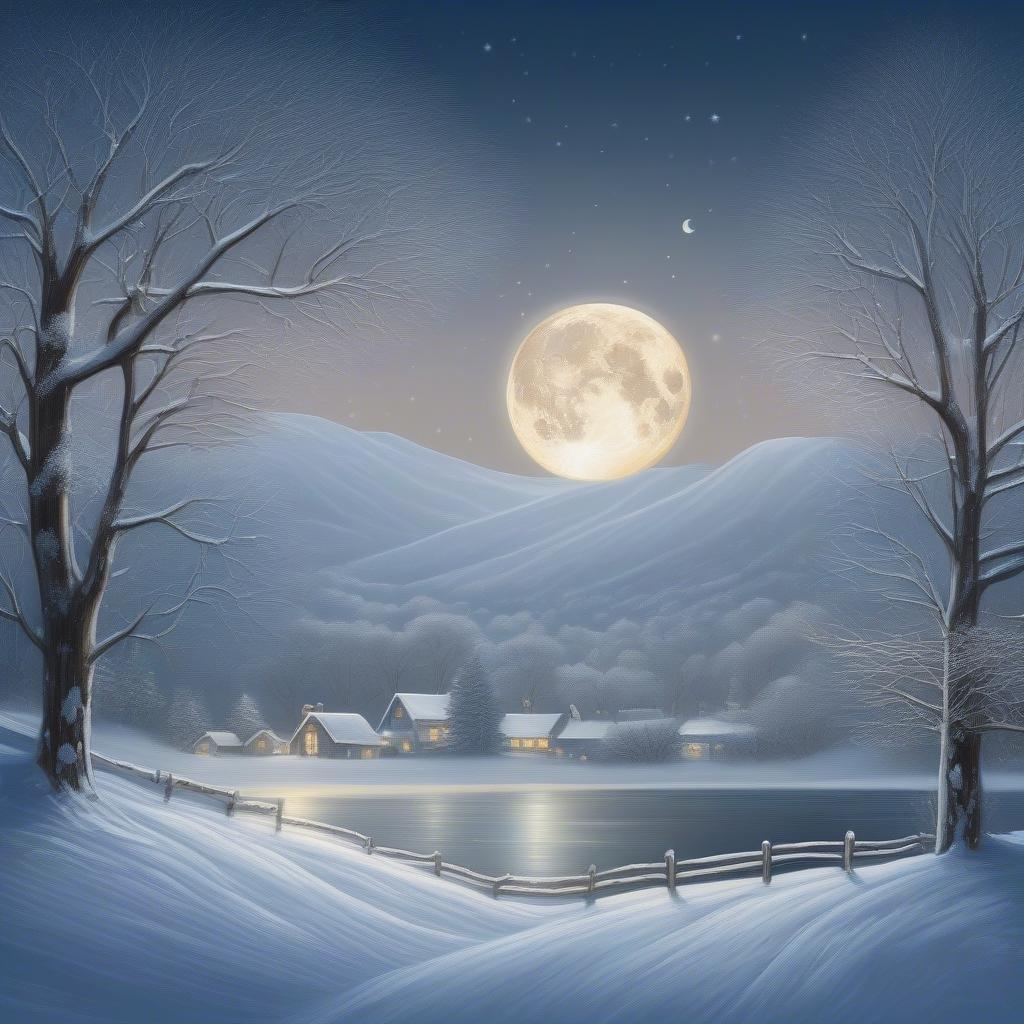 A serene nighttime scene of a full moon shining above snow-covered mountains, casting a tranquil glow on a village nestled in the valley below.