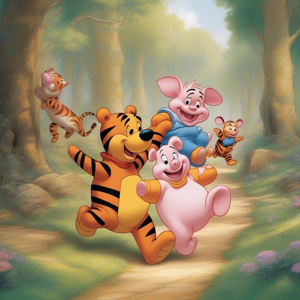 Uma cena encantadora do clássico da Disney, apresentando personagens amados como o Ursinho Pooh e seus amigos em um passeio alegre pela floresta.