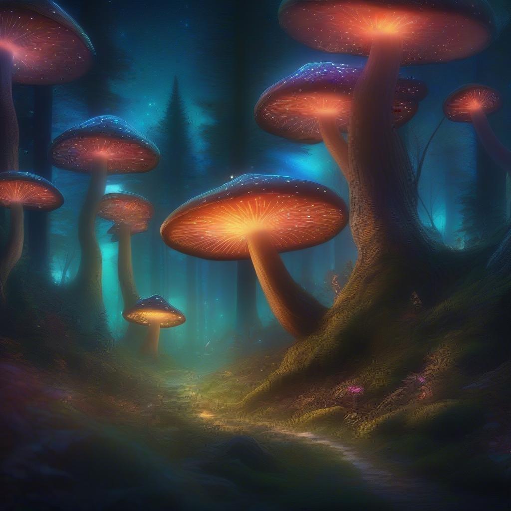 An enchanting forest pathway leads through the heart of an ancient and mystical mushroom grove, inviting one into a fantastical world.