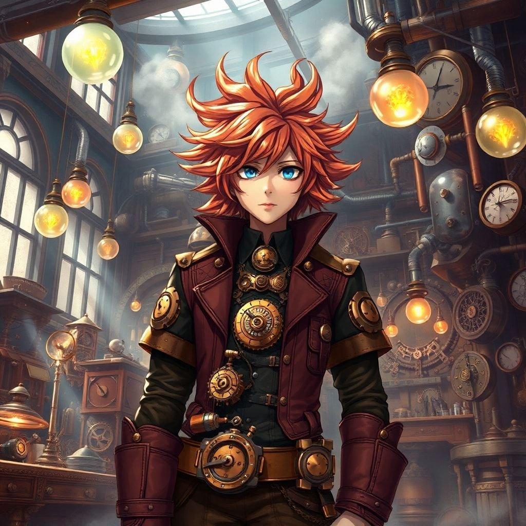 Sumérgete en el cautivador mundo del steampunk con este fondo de pantalla inspirado en el anime. Los intrincados engranajes mecánicos y tuberías en la vestimenta del inventor se mezclan a la perfección con la maquinaria de relojería del taller, creando una atmósfera visualmente impresionante y enigmática.