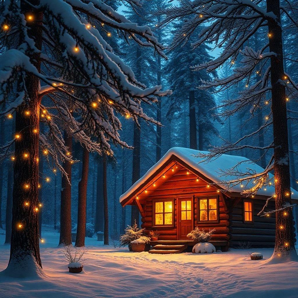 Esta imagem mostra uma cabana encantadora em uma floresta coberta de neve, perfeita para uma atmosfera pacífica e serena.