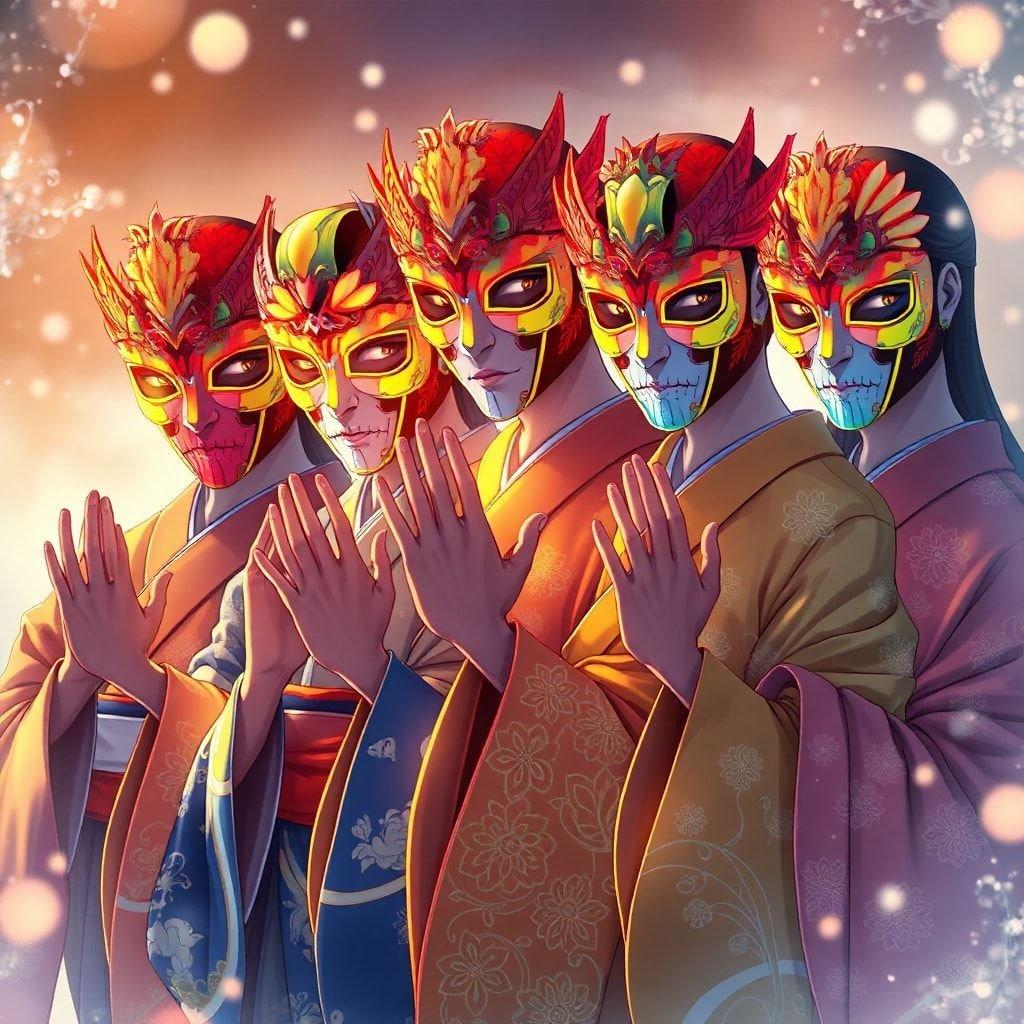 A captivating anime illustration featuring a group of kimonos standing close together, their faces hidden behind elaborate masks. The intricate masks, with their vibrant colors, create an ethereal atmosphere.