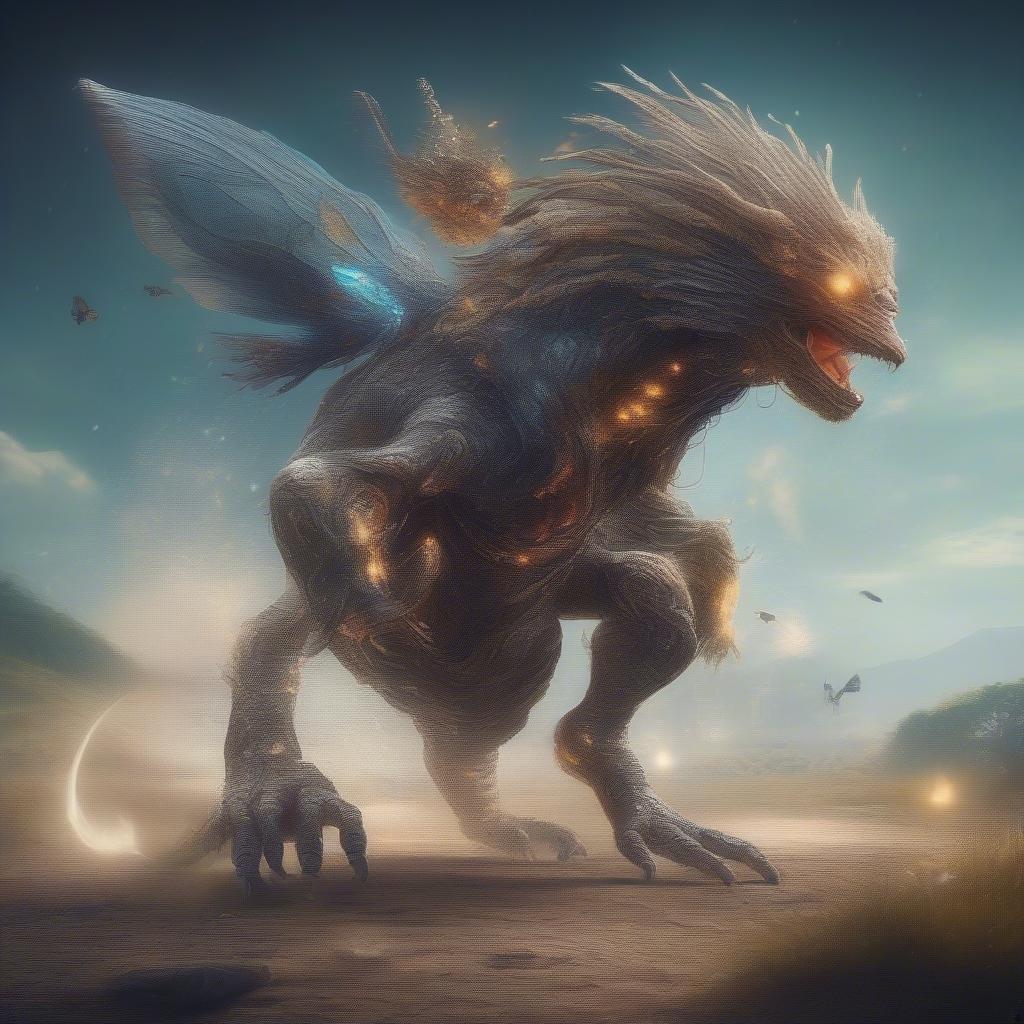 A dynamic image of a fantasy creature with a humanoid body and the head of a bird, set against a backdrop of a fantasy landscape.