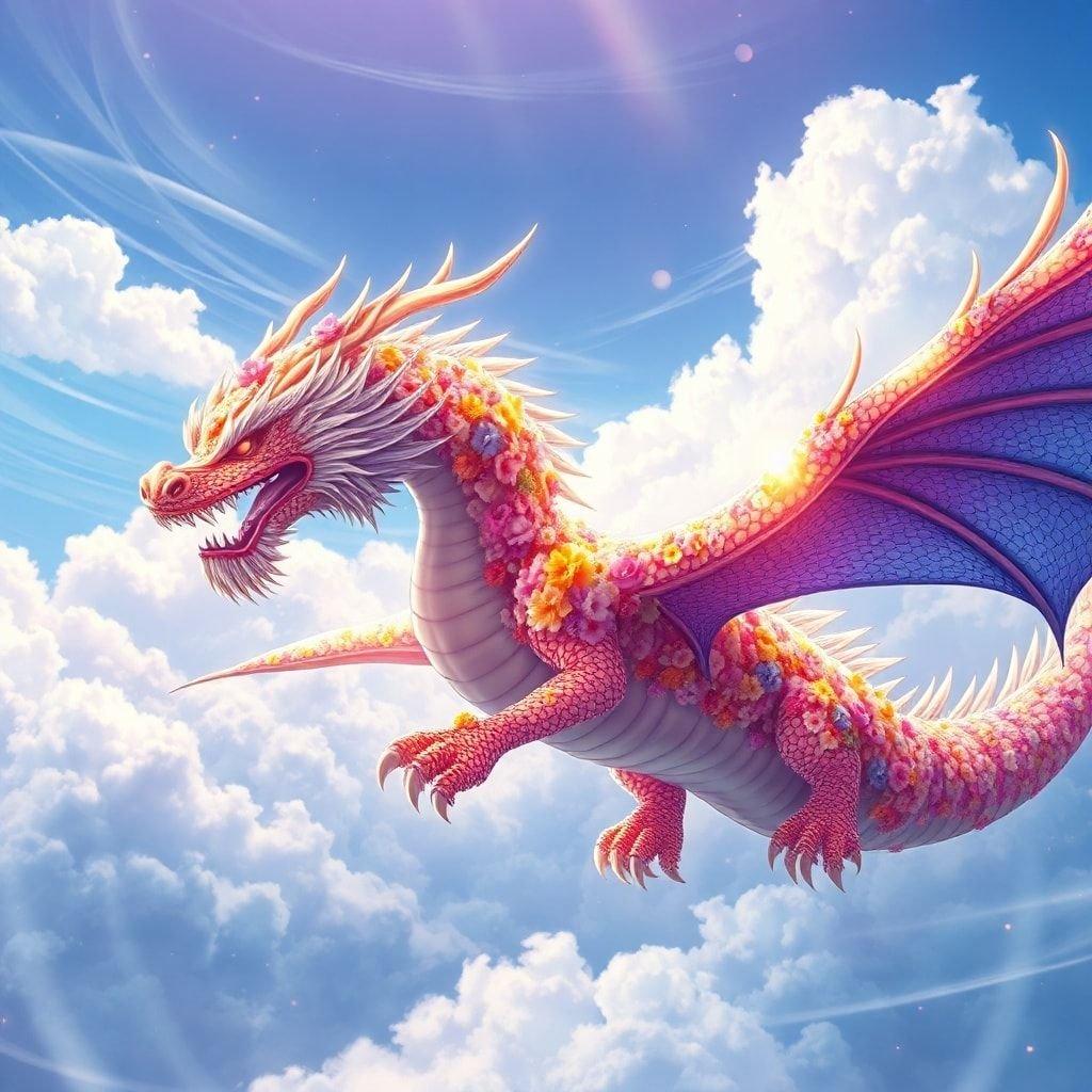 A whimsical digital illustration featuring a fantastical dragon soaring through a vibrant sky. The dragon's body, adorned with flowers in full bloom, glows with colors of the rainbow against a backdrop of clouds and stars.