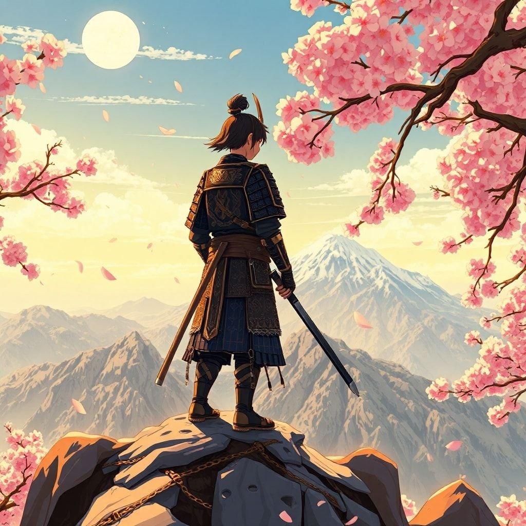 Immerse yourself in the serene beauty of this anime-inspired scene, where a young samurai stands atop a majestic mountain, surrounded by the breathtaking cherry blossom trees. The warm, golden hues of the illustration evoke a sense of tranquility, inviting you to explore the intricate details of this natural haven.