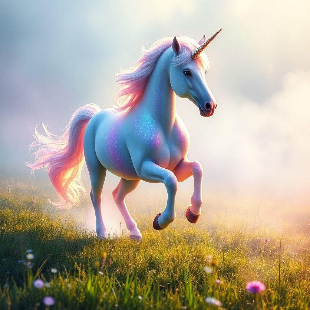 A serene fantasy scene featuring a beautiful unicorn gracefully running through a lush field, adorned with flowers. The magical creature embodies the spirit of enchantment and imagination.