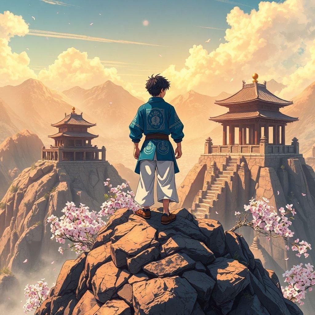 Immerse yourself in the serene beauty of an anime warrior standing atop a majestic mountain peak, surrounded by the delicate charm of cherry blossoms and the ancient allure of temple ruins.