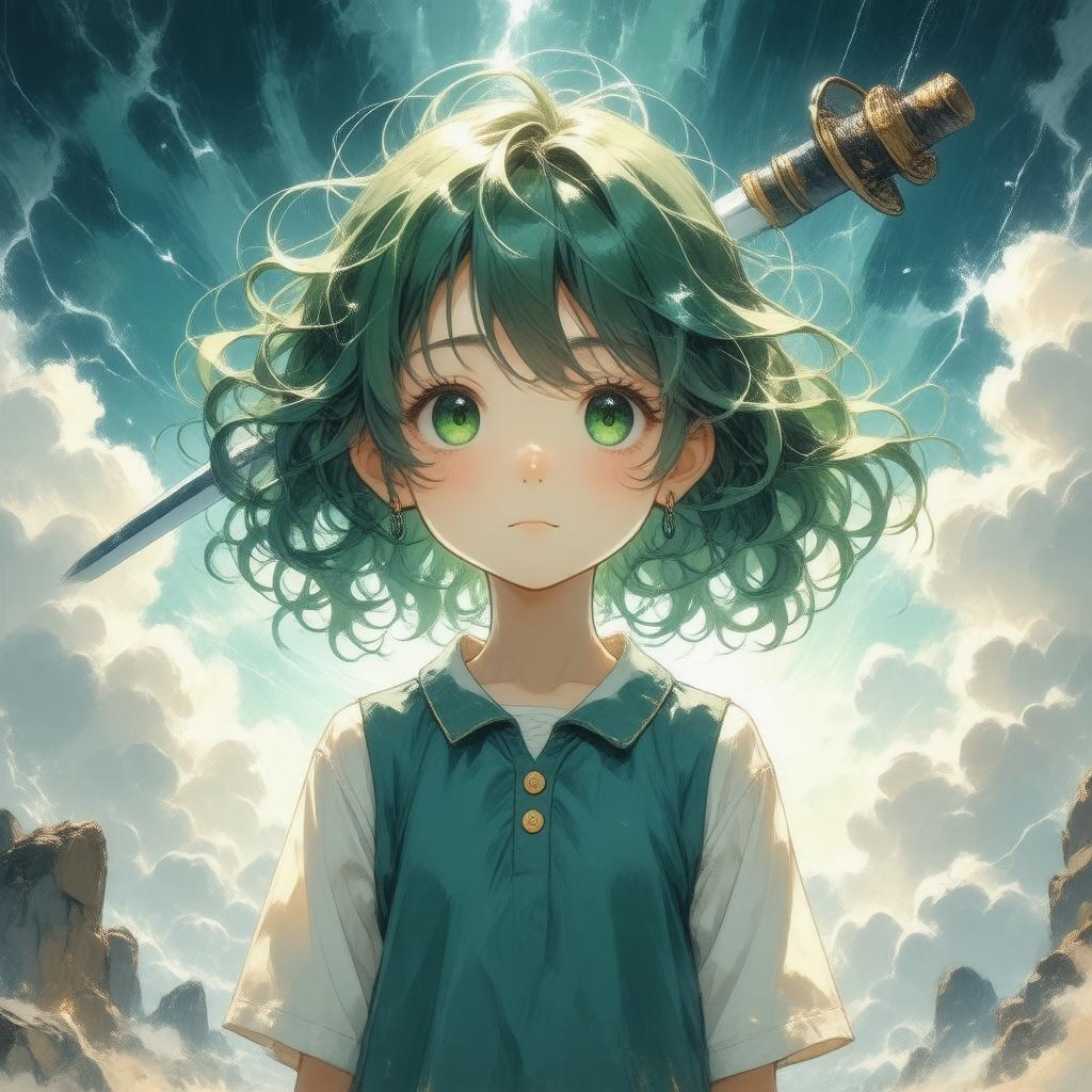 A captivating anime illustration of a young girl standing in a stormy sky, with a katana-like object floating above her.