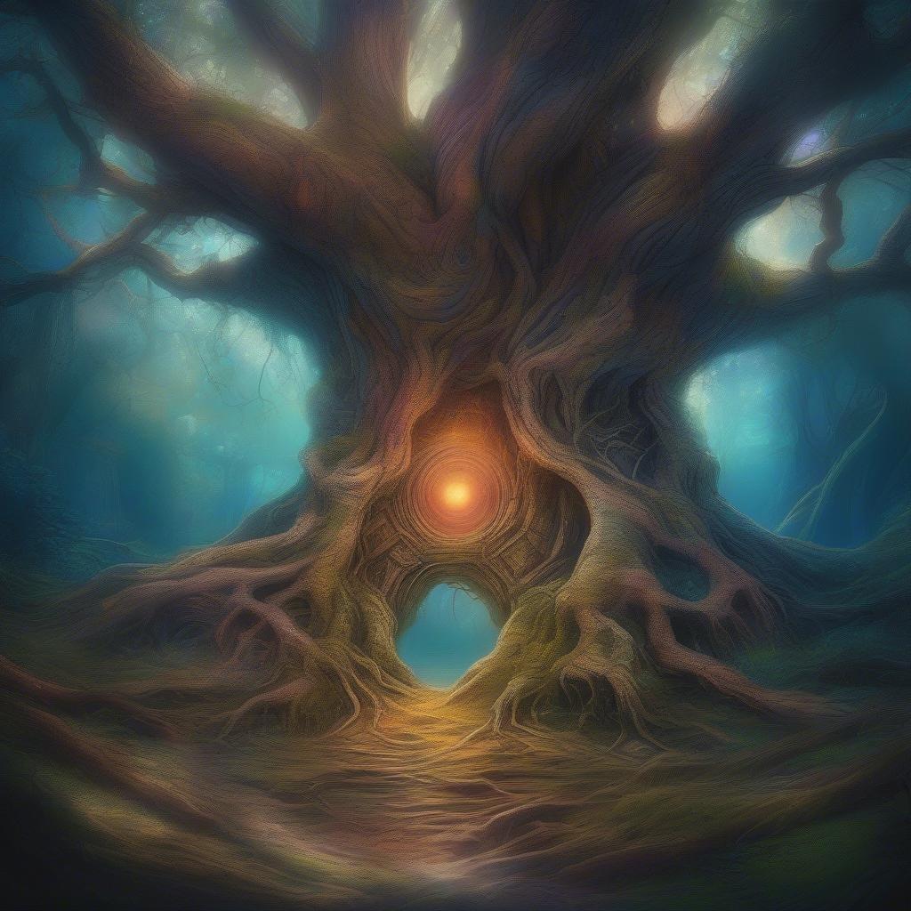 Explore the enchanting realm of an ancient forest, where time seems to pause at the threshold of a magical portal. The fantastical artwork invites you into a world of wonder, where nature's intricate designs take center stage.