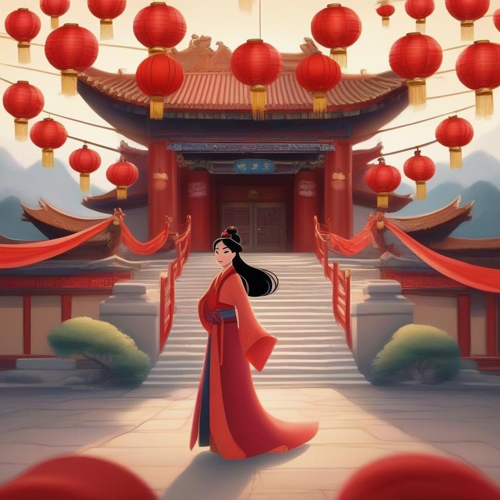 Discover the enchanting world of Mulan as she walks towards her destiny at the temple gate. Witness the beauty of Chinese architecture and traditions through this captivating scene.