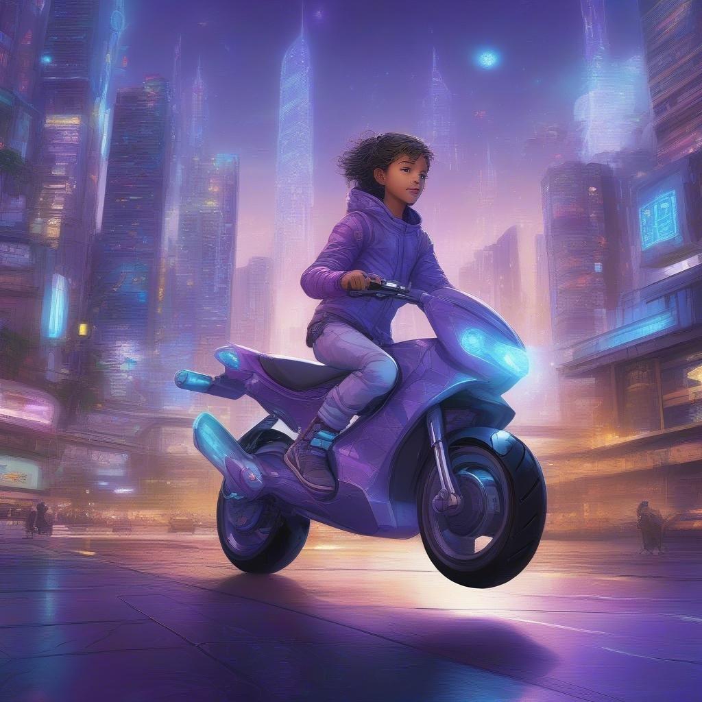 En esta obra de arte digital, vemos a un joven vestido con ropa azul y púrpura vibrante que conduce una motocicleta de alta tecnología. La escena se desarrolla contra el telón de fondo de un paisaje urbano futurista iluminado, donde rascacielos imponentes alcanzan el cielo nocturno. Esta imagen evoca un sentido de aventura y exploración, mientras el niño navega a través del paisaje urbano bajo el suave resplandor de las luces de la ciudad.