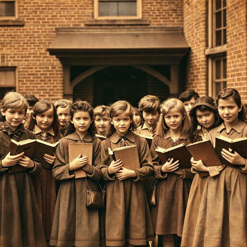 A nostalgic scene from the mid-20th century featuring a group of young girls, ready for their first day back at school. They are dressed in uniforms, each holding a book to symbolize education and knowledge. The sepia tone adds a vintage charm to this classic 'Back to School' wallpaper image.